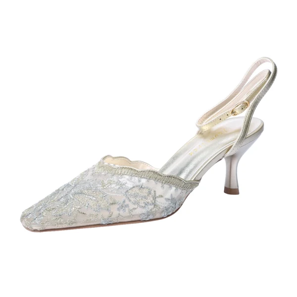 Élégant Champagne Cocktail En Dentelle Sandales Femme 2020 Slingbacks 4 cm Talons Aiguilles Talon Bas À Bout Pointu Sandales