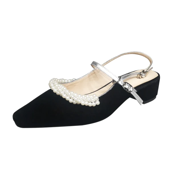 Chic / Beautiful Black Casual Pearl Womens Sandals 2020 Slingbacks 4 cm Thick Heels Low Heel Pointed Toe Sandals