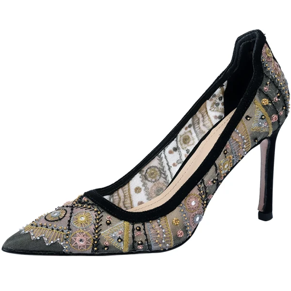Schöne Schwarz Strassenmode Pumps 2020 Strass Spitze Blumen 9 cm Stilettos Spitzschuh Pumps