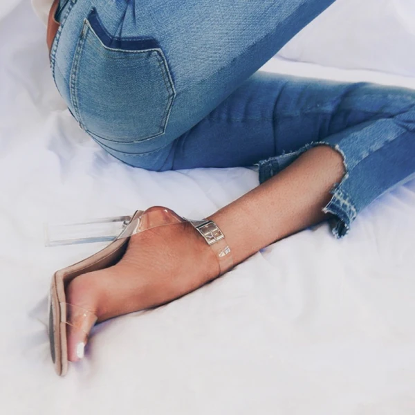 Transparent Sexy Beige Karneval Club Kristall Sandalen Damen 2020 10 cm Thick Heels Peeptoes Sandaletten