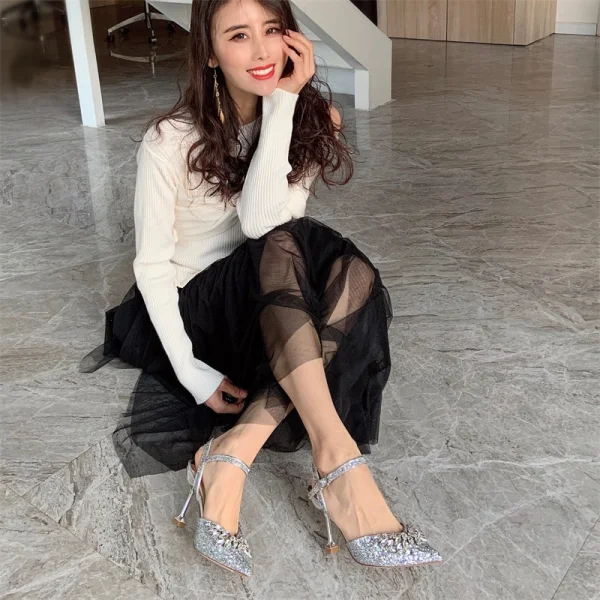 Glitzernden Silber Abend Sandalen Damen 2020 Strass Pailletten 8 cm Stilettos Spitzschuh Sandaletten