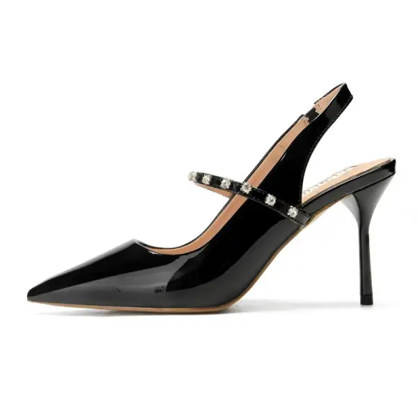 Chic / Belle Noire Vêtement de rue Slingbacks Sandales Femme 2020 Cuir Cuir Verni Faux Diamant 9 cm Talons Aiguilles À Bout Pointu Sandales