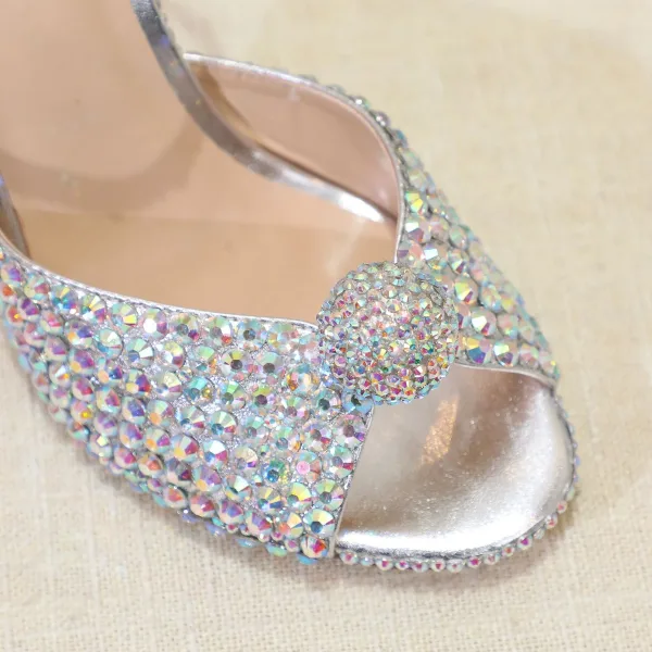 Sparkly Silver Rhinestone Wedding Shoes 2020 Leather Ankle Strap 10 cm Stiletto Heels Open / Peep Toe Wedding Sandals