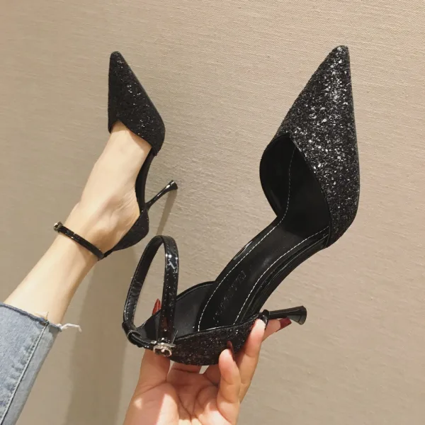 Scintillantes Argenté Soirée Paillettes Sandales Femme 2020 Bride Cheville 7 cm Talons Aiguilles À Bout Pointu Sandales