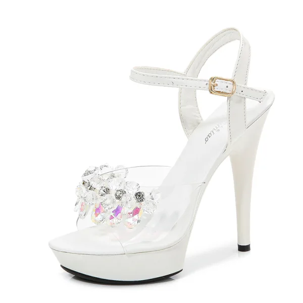 Sexy Noire Club de carnaval Faux Diamant Sandales Femme 2020 Bride Cheville 15 cm Talons Aiguilles Peep Toes / Bout Ouvert Sandales
