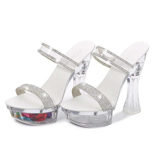 Transparent Sexy Weiß Karneval Club Strass Sandalen Damen 2020 14 cm Thick Heels Spitzschuh Sandaletten
