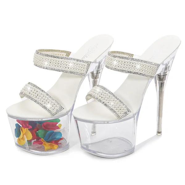 Sexy White Rave Club Rhinestone Womens Sandals 2020 17 cm Stiletto Heels Open / Peep Toe Sandals