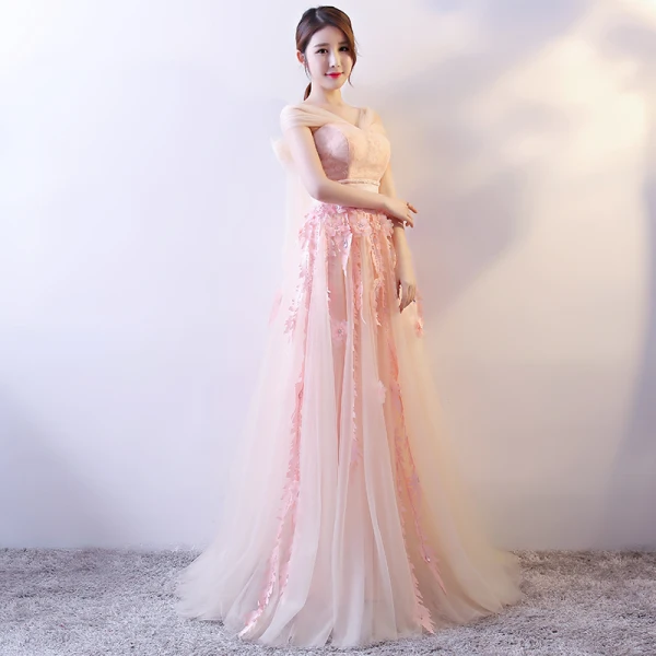 Élégant Perle Rose Robe De Soirée 2018 Princesse Appliques Perlage Paillettes V-Cou Noeud Dos Nu Sans Manches Longue Robe De Ceremonie