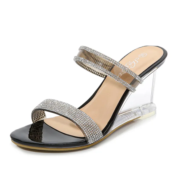 Snygga / Fina Silver Gatukläder Kristall Sandaler Dam 2020 Rhinestone 8 cm Kilklackar Peep Toe Sandaler