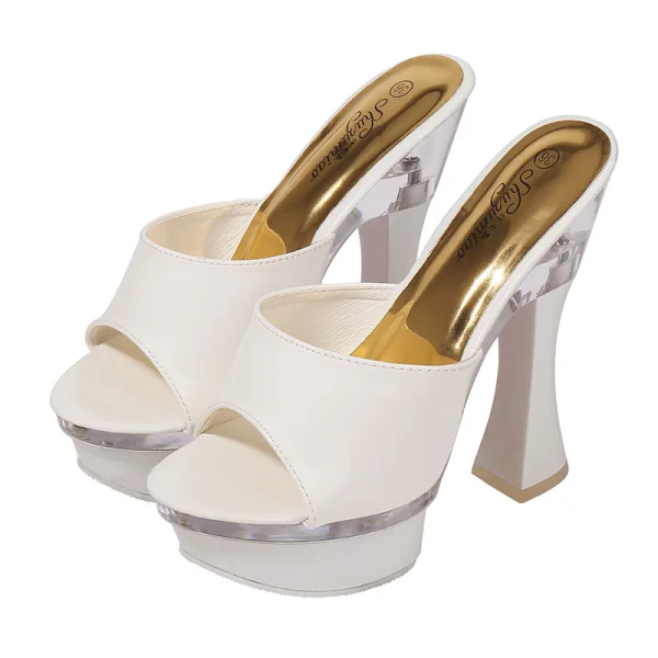 Chic / Beautiful 14 cm White Street Wear Womens Sandals 2020 Patent Leather 14 cm Thick Heels Open / Peep Toe Sandals