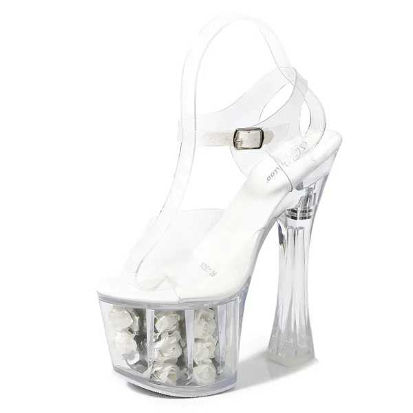 Transparent Été Blanche Jardin / Extérieur Cristal Sandales Femme 2020 17 cm Talons Épais Peep Toes / Bout Ouvert Sandales