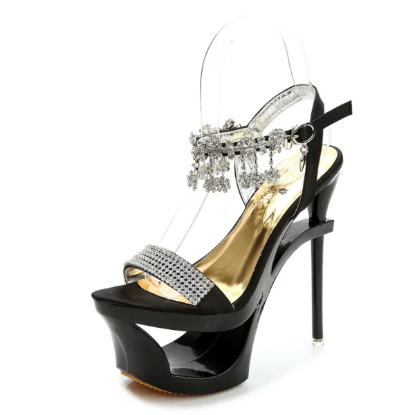 Charmant Sexy Été Beige Club de carnaval Sandales Femme 2020 Faux Diamant Bride Cheville 15 cm Talons Aiguilles Peep Toes / Bout Ouvert Sandales