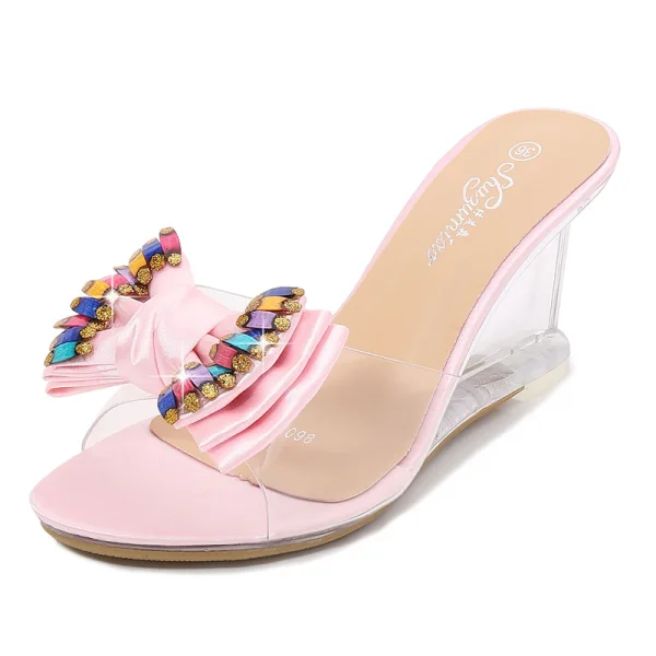 Chic / Beautiful Silver Street Wear Womens Sandals 2020 Rhinestone Bow 8 cm Wedges Open / Peep Toe Sandals