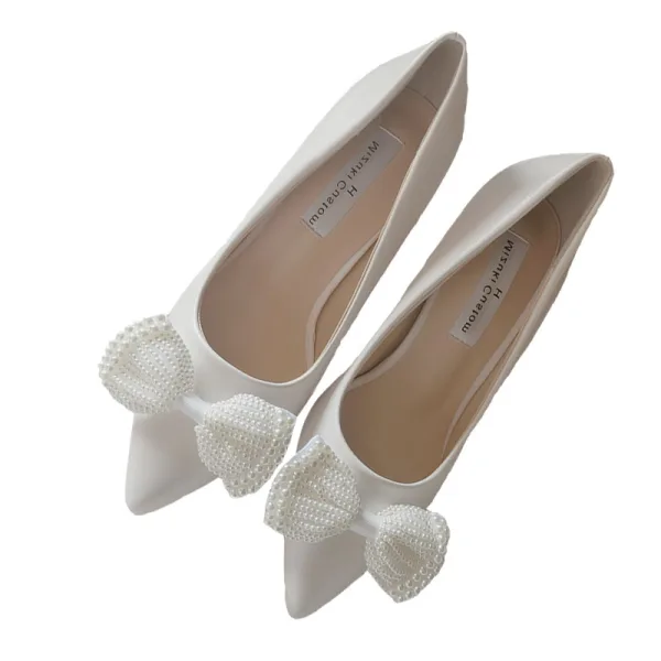 Élégant Ivoire Fait main Satin Perle Noeud Chaussure De Mariée 2020 10 cm Talons Aiguilles À Bout Pointu Escarpins