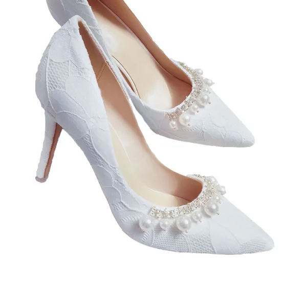 Elegant White Wedding Lace Wedding Shoes 2020 Leather Pearl Rhinestone 9 cm Stiletto Heels Pointed Toe Pumps