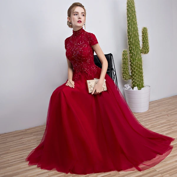 Chinese style Burgundy Evening Dresses 2018 A-Line / Princess Beading Crystal Sequins High Neck Short Sleeve Floor-Length / Long Formal Dresses