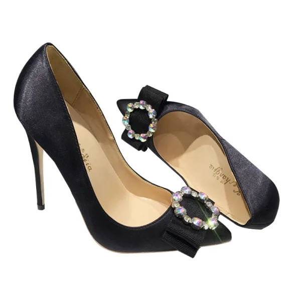 Chic / Beautiful Black Office OL Pumps 2020 Rhinestone Bow 12 cm Stiletto Heels Pointed Toe Pumps