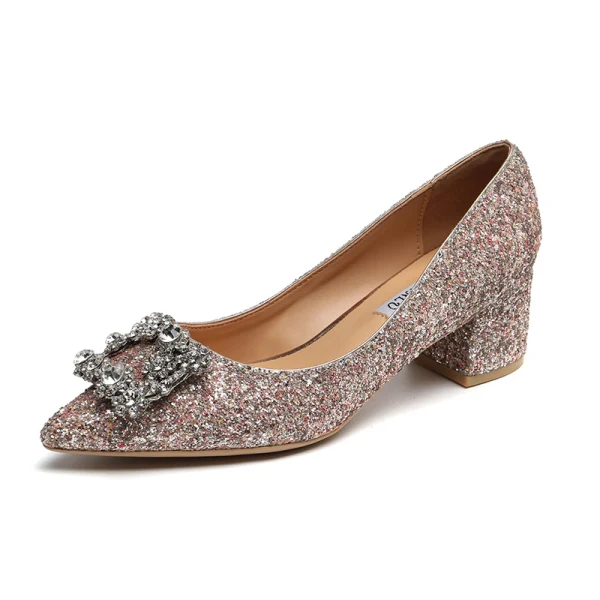 Sparkly Silver Rhinestone Wedding Shoes 2020 Sequins 7 cm Thick Heels Pointed Toe Wedding Pumps