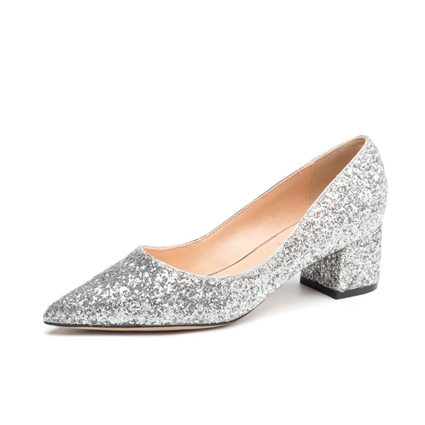 Glittrande Silver Paljetter Brudskor 2020 7 cm Tjocka Klackar Spetsiga Bröllop Pumps