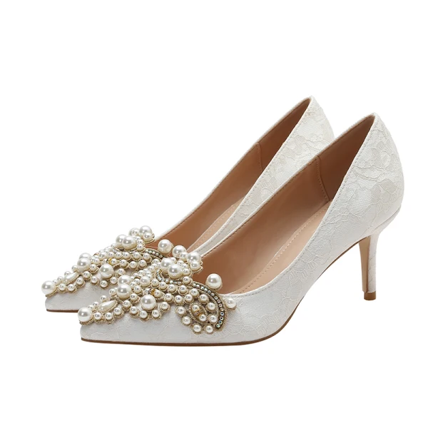 Elegant White Pearl Rhinestone Wedding Shoes 2020 7 cm Stiletto Heels Pointed Toe Wedding Pumps