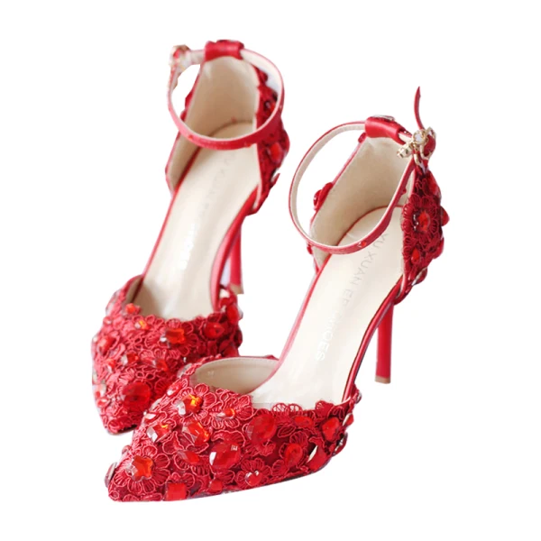 Charmig Elfenben Spets Blomma Brudskor 2020 Rhinestone Ankelband 9 cm Stilettklackar Spetsiga Bröllop Sandaler