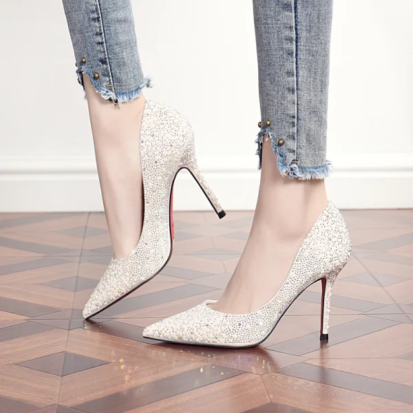 Charmant Beige Soirée Faux Diamant Escarpins 2020 9 cm Talons Aiguilles À Bout Pointu Escarpins