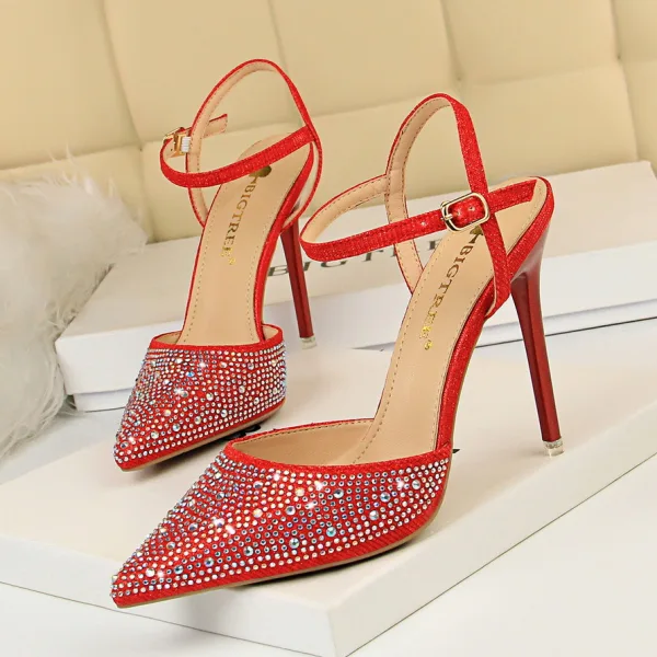 Glitzernden Rosa Abend Sandalen Damen Strass 2020 Knöchelriemen 10 cm Stilettos Spitzschuh Sandaletten