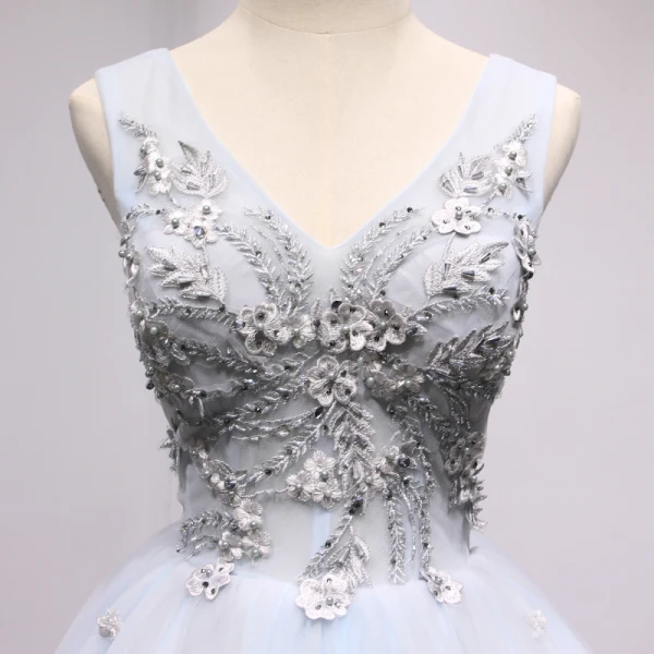 Chic / Beautiful Grey Sky Blue Party Dresses 2018 A-Line / Princess Beading Crystal Pearl Appliques V-Neck Backless Sleeveless Short Formal Dresses