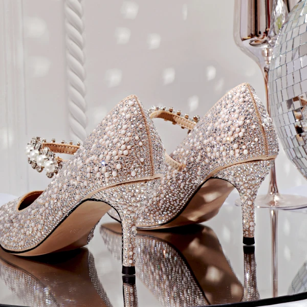 Charming Nude Pearl Rhinestone Wedding Shoes 2020 7 cm Stiletto Heels Pointed Toe Wedding Pumps