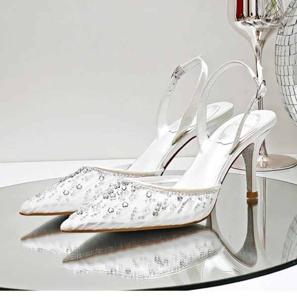 Charmant Weiß Abend Sandalen Damen 2020 Strass Slingpumps 7 cm Stilettos Spitzschuh Sandaletten