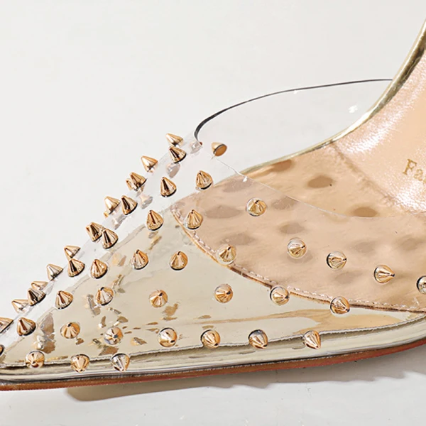 Transparent Gold Evening Party Womens Sandals 2020 Ankle Strap Rivet 10 cm Stiletto Heels Pointed Toe Sandals
