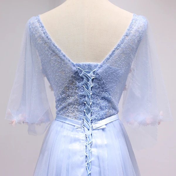 Chic / Beautiful Sky Blue Prom Dresses 2018 A-Line / Princess Appliques Bow Rhinestone Scoop Neck Backless 1/2 Sleeves Floor-Length / Long Formal Dresses