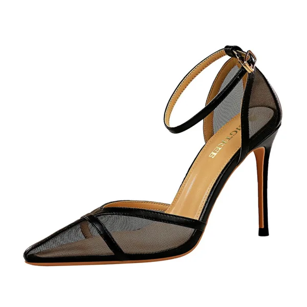 Simple Noire Vêtement de rue Transparentes Sandales Femme 2020 Bride Cheville 10 cm Talons Aiguilles À Bout Pointu Sandales