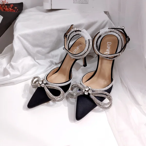 Charmant Noire Soirée Faux Diamant Noeud Sandales Femme 2020 Bride Cheville 9 cm Talons Aiguilles À Bout Pointu Sandales