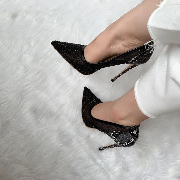 Charmant Noire Soirée Faux Diamant Escarpins 2020 Cuir Motif Peau De Serpent 12 cm Talons Aiguilles À Bout Pointu Escarpins
