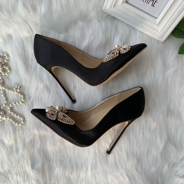 Elegant Black Prom Leather Pumps 2020 Pearl Rhinestone Butterfly 12 cm Stiletto Heels Pointed Toe Pumps