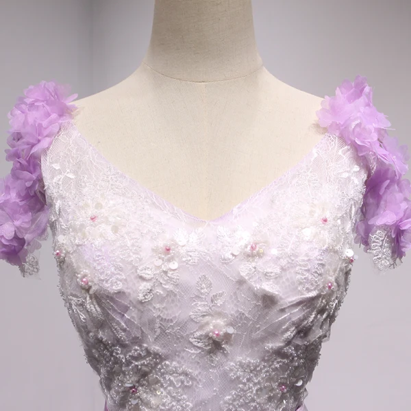 Chic / Belle Lilas Robe De Soirée 2018 Princesse En Dentelle Fleur Appliques Perlage Perle V-Cou Dos Nu Sans Manches Train De Balayage Robe De Ceremonie