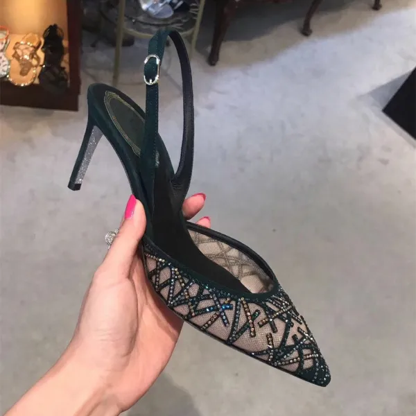 Uroczy Czarne Wieczorowe Rhinestone Slingback Sandały Damskie 2020 7 cm Szpilki Szpiczaste Sandały