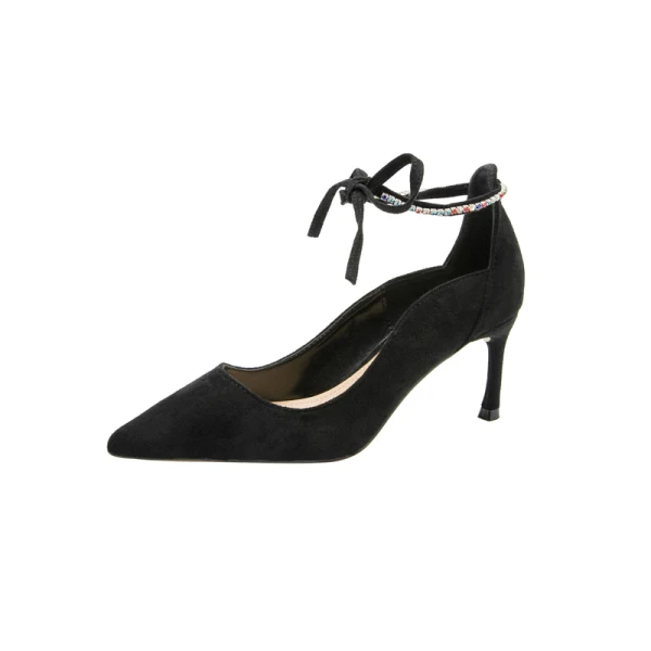 Schlicht Schwarz Leder Cocktail Wildleder Pumps 2020 Schleife Knöchelriemen 9 cm Stilettos Spitzschuh Pumps