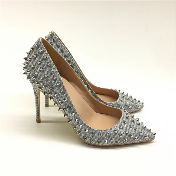 Charmant Argenté Soirée Paillettes Rivet Escarpins 2020 12 cm Talons Aiguilles À Bout Pointu Escarpins