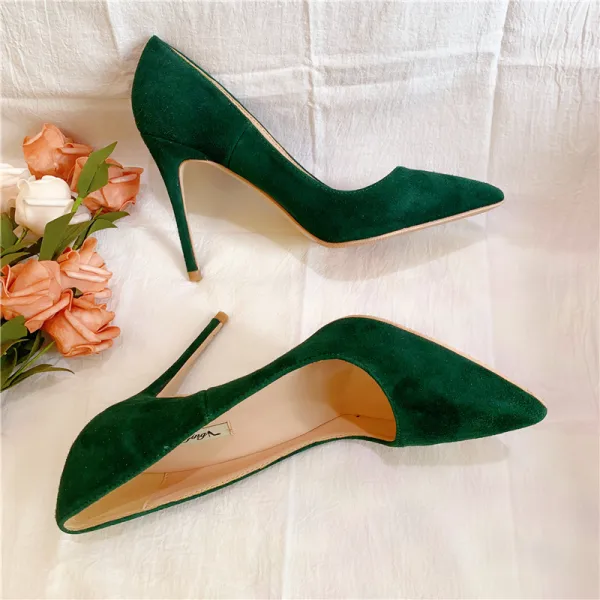 Schöne Wildleder Dunkelgrün Ball Pumps 2020 Leder 10 cm Stilettos Spitzschuh Pumps