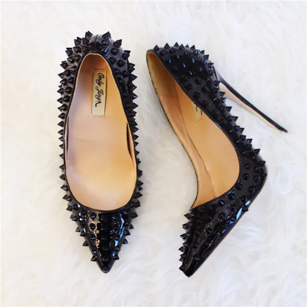 Mode Svarta Karnevalsklubb Nit Pumps 2020 Läder 10 cm Stilettklackar Spetsiga Pumps