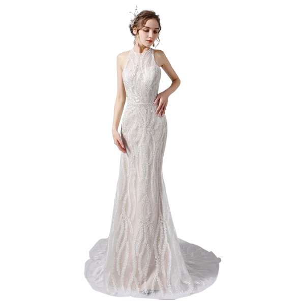 Sexy Champagne Lace Flower Wedding Dresses 2021 Trumpet / Mermaid Scoop Neck Sleeveless Backless Sweep Train Wedding