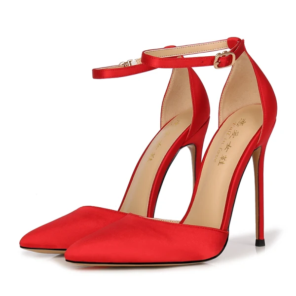Schöne Schwarz Büro OL Satin Sandalen Damen 2020 Knöchelriemen 12 cm Stilettos Spitzschuh Sandaletten