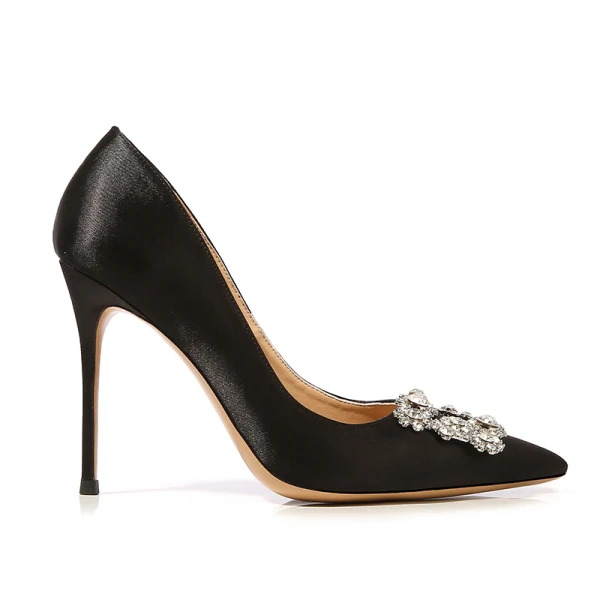 Schöne Schwarz Abend Strass Pumps 2020 Satin 12 cm Stilettos Spitzschuh Pumps