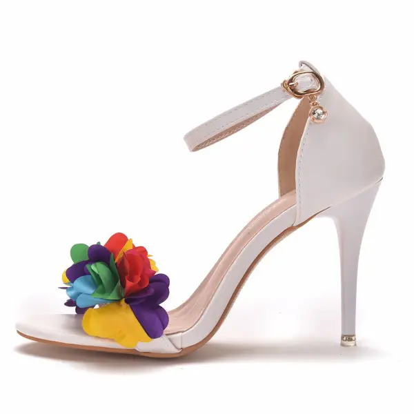 Chic / Beautiful White Prom Womens Sandals 2020 Appliques Ankle Strap 9 cm Stiletto Heels Open / Peep Toe Sandals