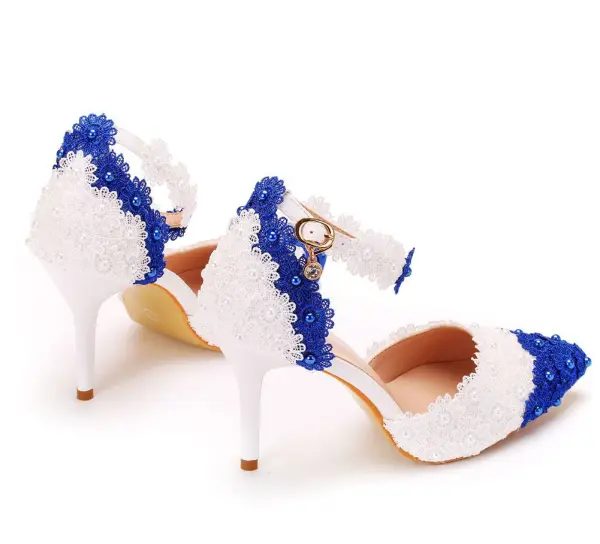 Elegant White Prom Lace Flower Womens Shoes 2020 Pearl Ankle Strap 7 cm Stiletto Heels Pointed Toe Heels