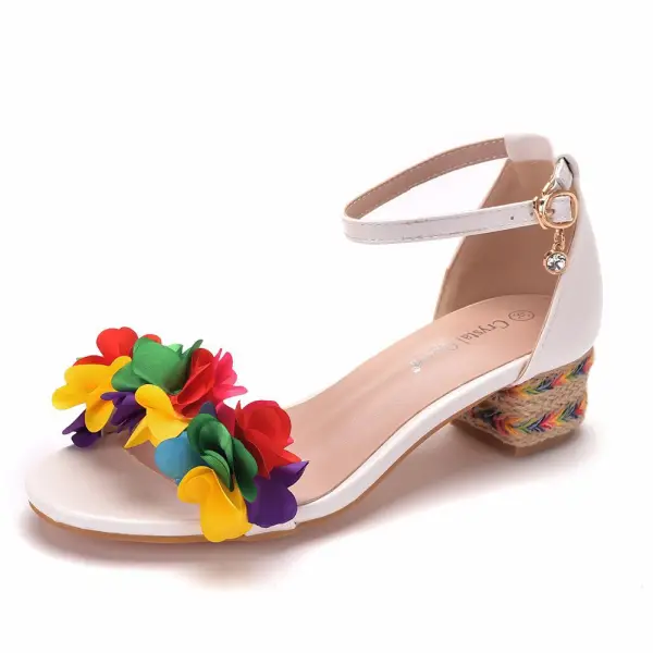 Chic / Beautiful Casual White Womens Sandals 2020 Multi-Colors Flower 4 cm Thick Heels Low Heel Open / Peep Toe Sandals