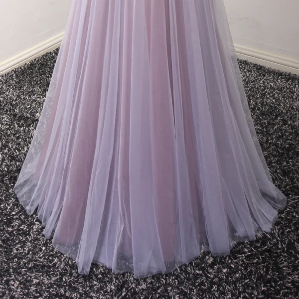Chic / Beautiful Lilac Prom Dresses 2018 A-Line / Princess Pearl Crystal Sequins Bow V-Neck Backless Sleeveless Floor-Length / Long Formal Dresses