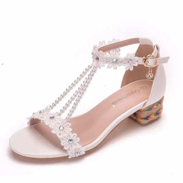 Elegant Ivory Outdoor / Garden Womens Sandals 2020 Pearl T-Strap Rhinestone Lace Flower 4 cm Thick Heels Low Heel Open / Peep Toe Sandals